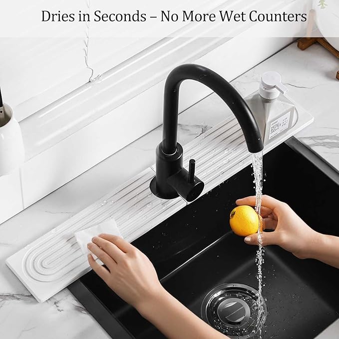 Stone Faucet Mat For Kitchen Sink, 23.6" Diatomite Quick Drying Stone Mat For Kitchen Sink, Stone Sink Splash Guard for Bathroom Counter (White)