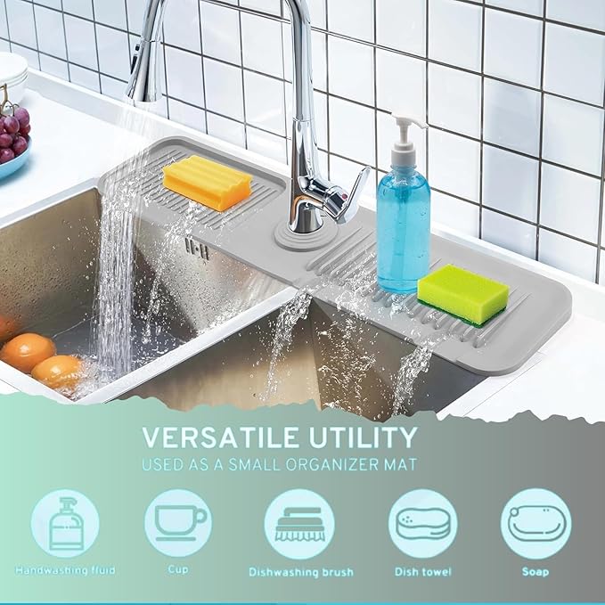 Kitchen Sink Splash Guard - 5 Slope Behind Faucet, 24in Silicone Mat Catcher, Longer Protector for Kitchen Sink (Grey, XL)
