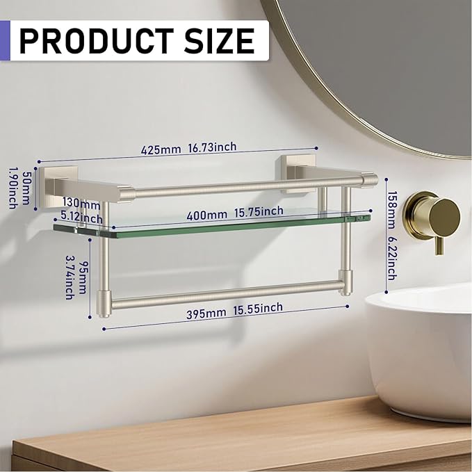 16-Inch Modern Glass Shelf with Towel Bar, 1-Shelf, Brushed Nickel Finish, Wall Mount, Bathroom Organizer