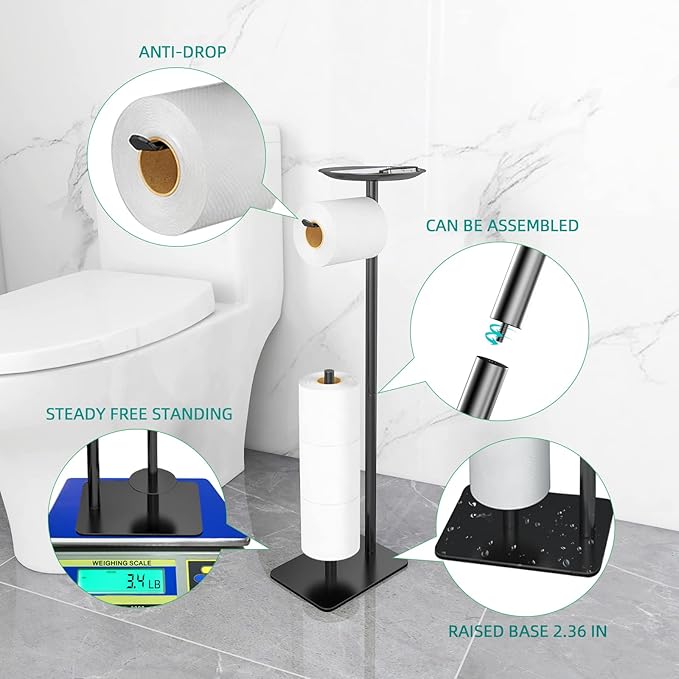 Toilet Paper Holder Stand for Bathroom Floor Standing Toilet Roll Dispenser Storages 4 Reserve Rolls, with Top Storage Shelf for Cell Phones, Wipe, Wallet and More(Black)