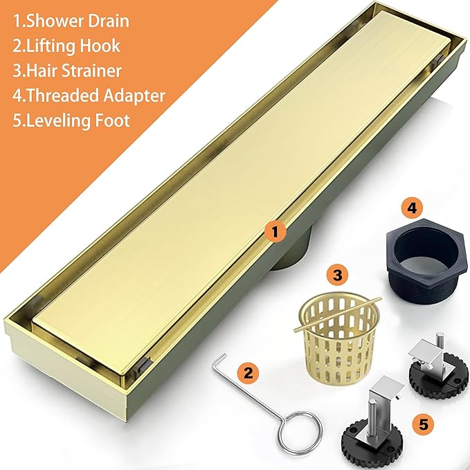 12 Inch Linear Shower Drain Bathroom Kitchen Golden Floor Drain Removable Capsule Pattern Cover Accessories Shower Drain 304 Stainless Steel Drain with Hair Strainer Adjustable Leveling Feet