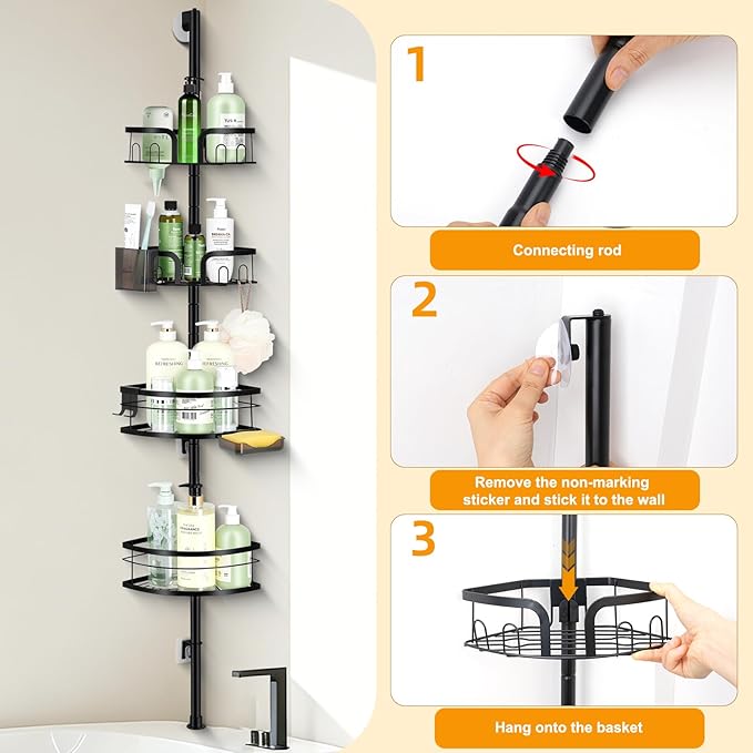 Shower Pole Caddy Corner, 4-Tier Adjustable Shower Shelves with Soap Holder & Hooks, Standing Shower Caddy Corner for Renters/Family, Self-Adhesive or Drill Mount 30-75 Inch, Black