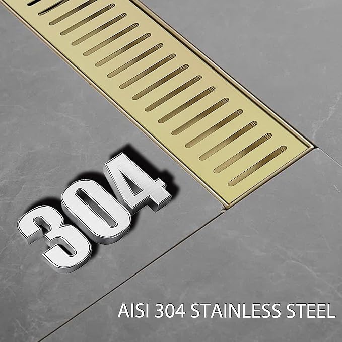 12 Inch Linear Shower Drain Bathroom Kitchen Golden Floor Drain Removable Capsule Pattern Cover Accessories Shower Drain 304 Stainless Steel Drain with Hair Strainer Adjustable Leveling Feet
