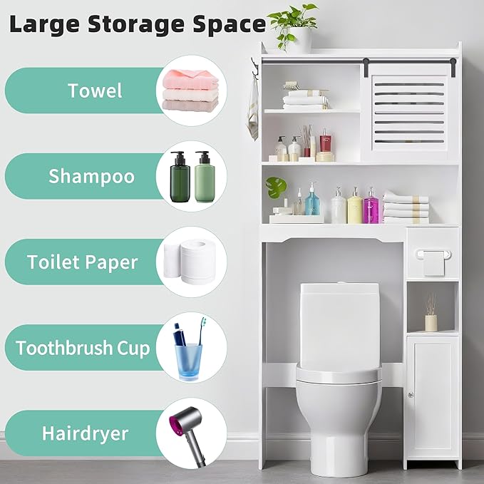 Over The Toilet Storage Cabinet, Bathroom Storage Cabinet Organizer, Above Toilet Rack with Door and Adjustable Shelves, Space Saver for Restroom, Laundry (White Left Side)