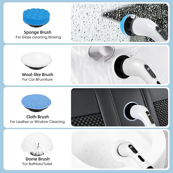 Electric Spin Scrubber, Cordless Cleaning Brush Scrubber for Home 9 Replaceable Brush Heads with Extension Handle, 3 Speeds for Bathroom Shower Bathtub Glass Car