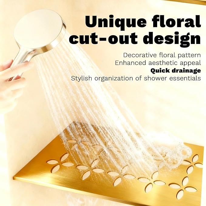 12 Inch Brushed Golden Aluminum Material Shower Niche Shelf Rectangular Bathroom Niche Shelf with Floral Design Fits Prefabricated Tile Niches