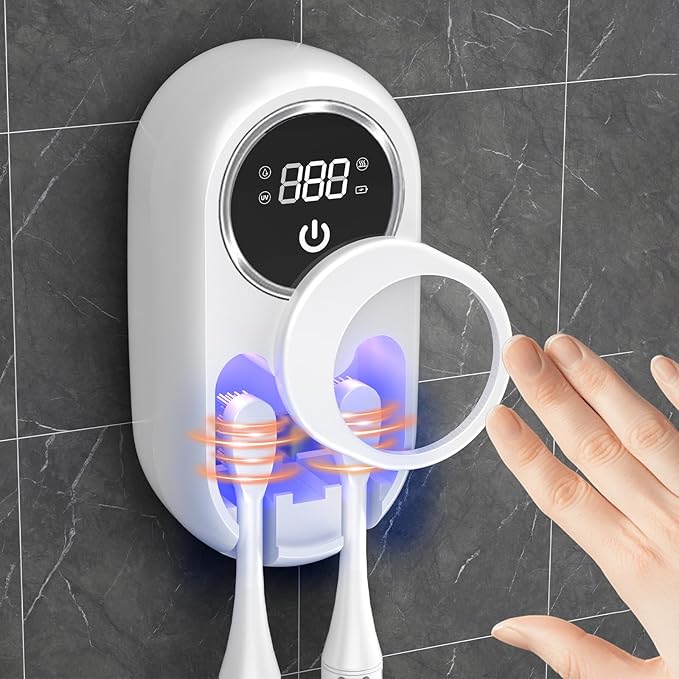Smart Electric Toothbrush Holders for Bathrooms,Travel Toothbrush Holder with Motion-Sensing Cover,Auto-Clean & Instant Dry,2 Brush Slots,LED Display & USB Rechargeable (White)
