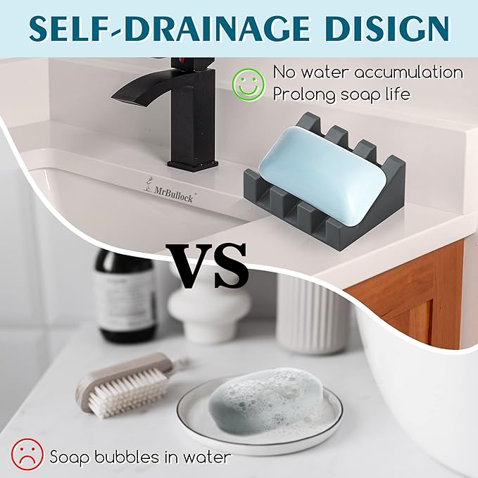 Silicone Soap Dish for Bar Soap Holder for Shower Bathroom Self Draining Waterfall Drying Tray Keep Soap Bars Dry Clean & Easy Cleaning (Grey1, 1)