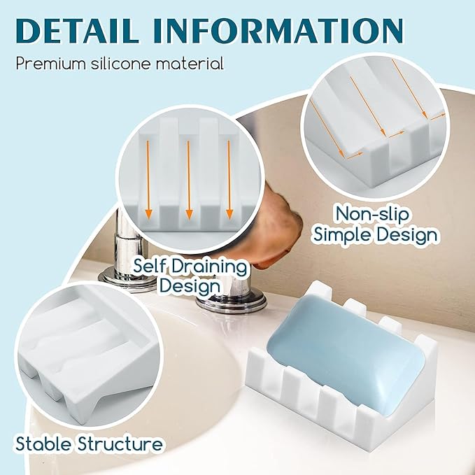 Silicone Soap Dish for Bar Soap Holder for Shower Bathroom Self Draining Waterfall Drying Tray Keep Soap Bars Dry Clean & Easy Cleaning (White1, 1)