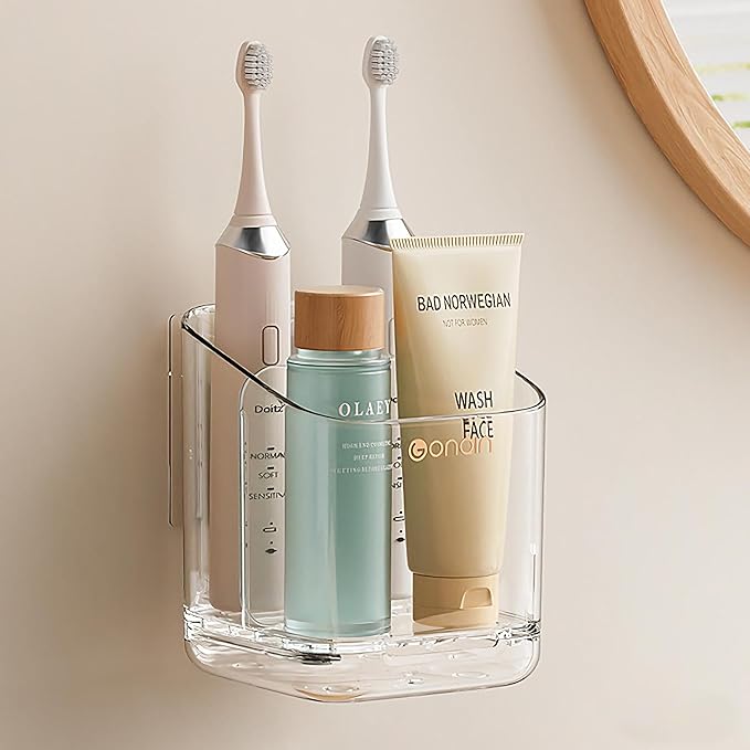 Toothbrush Holders for Bathroom - Detachable Divided Design, Drawer Drainage Tray, Adhesive Wall-Mounted/Countertop Dual-Use, Large Capacity Organizer for Bathroom/Kitchen/Office, Easy Install (Clear)