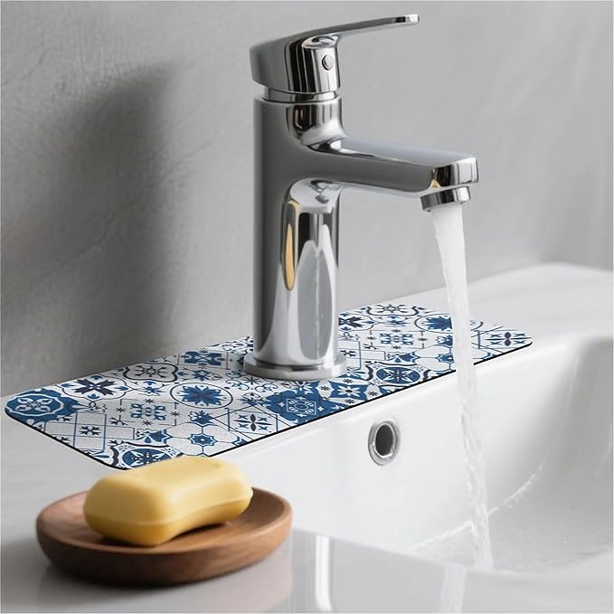Kitchen Sink Splash Guard，Floral Mosaic stitching Faucet Mat Sink Gadgets-Super Absorbent Fast Drying Mat Drip Catcher for Kitchen, Bathroom,Sink Mat, Dish Drying Mat, Bathroom(15" X 5.5" )