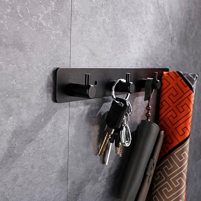 Adhesive Bathroom Black Hook Rail, 4 Matte Black Wall Key Hooks Rack Hanger Towel Robe Stick Door Hooks for Bathroom Toilet Entryway Hallway Kitchen Wall Mounted