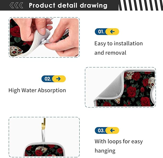 2 PCS Kitchen Sink Splash Guard 23.6 Inch Faucet Mat for Kitchen Sink Bathroom Sink Faucet Absorbing Drip Drain Mat Pad Microfiber Soft Washable Black Mexico Skulls and Red Roses
