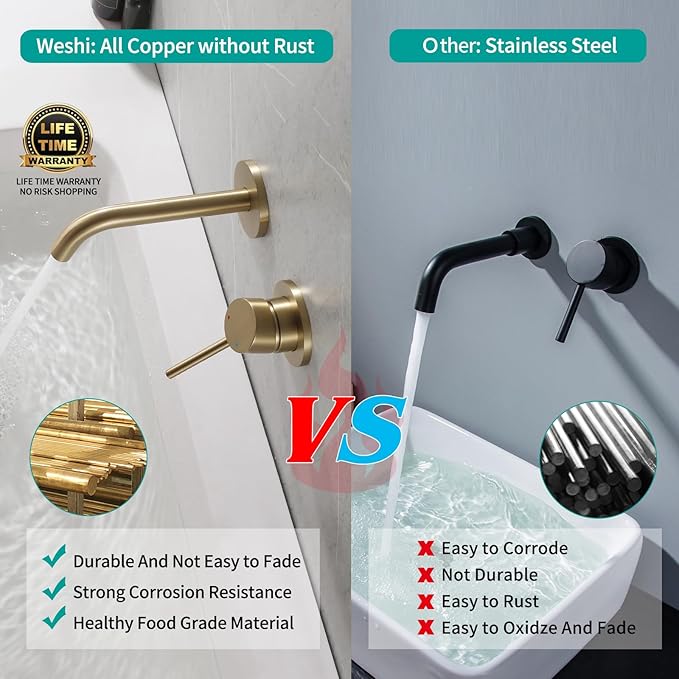 Weshi Bathroom Faucets Wall Mount Brushed Gold Bathroom Basin Faucet - Single Handle Vanity Tap - Curved Wall Spout Sink Faucet with Rough-in Valve