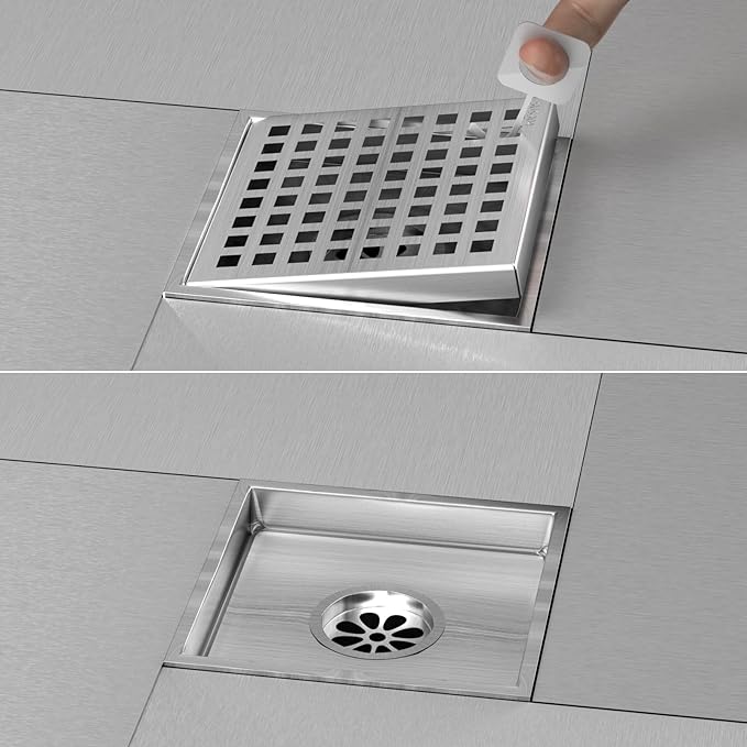 6 Inch Square Shower Drain, Shower Floor Drain with with Removable Square Hole Cover, 304 Stainless Steel Bathroom Drains with Flange (Brushed Nickel)