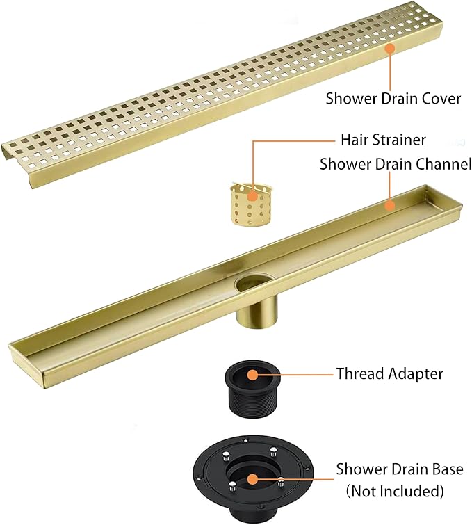 12 Inch Linear Shower Drain Bathroom Kitchen Golden Floor Drain Removable Capsule Pattern Cover Accessories Shower Drain 304 Stainless Steel Drain with Hair Strainer Adjustable Leveling Feet