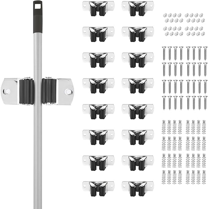 Superio Mop and Broom Holder, Set of 16 Single Piece Hooks, Stainless Steel Wall Mount Cleaning Storage Tool Organizer, Heavy-Duty Hook for Kitchen, Closet Garage, and Office