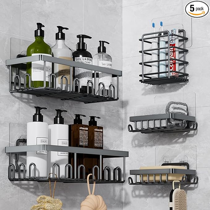 5-Pack Adhesive Shower Caddy, Rustproof Stainless Steel Organizer for Bathroom Storage with Large Capacity, No Drilling Bathroom Caddy with Soap Toothbrush Holder for Kitchen Home Grey
