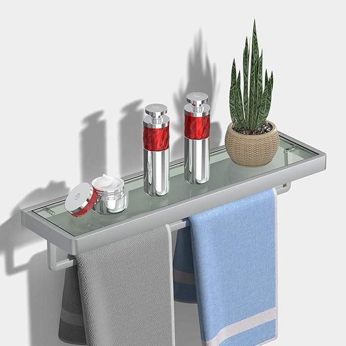 Glass Floating Shelves for Wall, Brushed Nickel 20 Inch Tempered Glass Rectangular 1 Tier Organizer Shelf for Bathroom