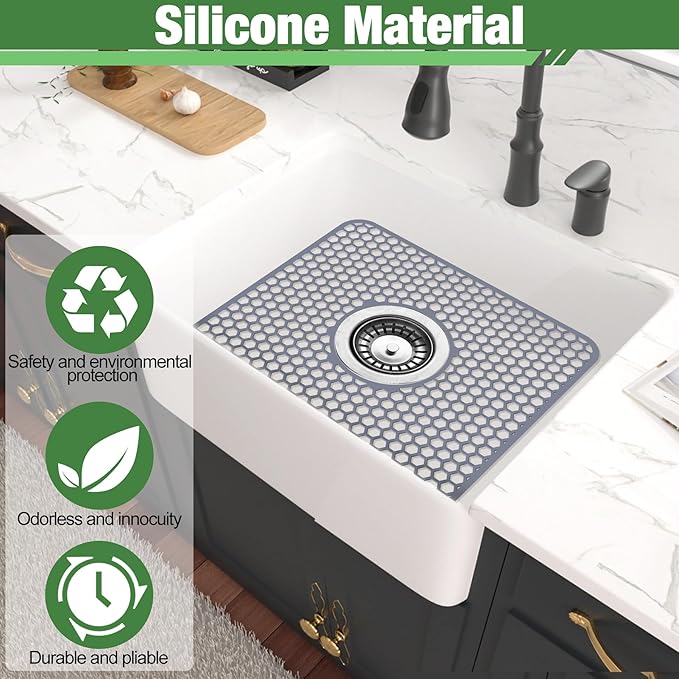 Sink Protectors Mat - 13.58"x11.6" Kitchen Sink Pad for Bottom of Basin for Protection of Stainless Steel and Tableware, Farmhouse Rubber Basin Mat Protector with Center Drain - Light Gray