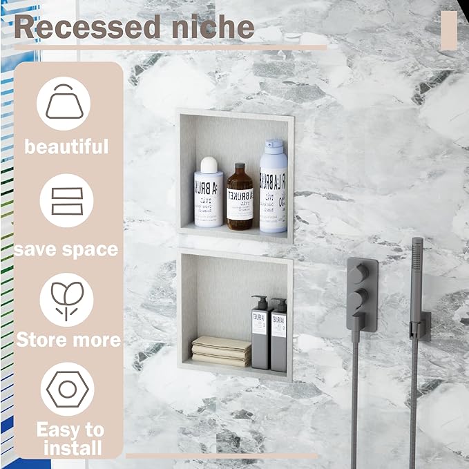 No Tile Needed Shower Niche for Bathroom Storage,Recessed Wall Niche,Shower Shelf,Stainless Steel (Brush, 12 * 12 in)
