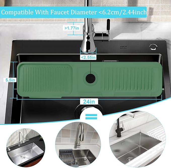 Kitchen Faucet Splash Mat, 24 inch Silicone Sink Splash Guard Drying Mat, Faucet Handle Drip Catcher Tray for Kitchen Sink & Bathroom Counter