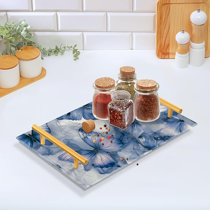 Blue Marble Butterfly Tie Dye Vanity Tray Acrylic Bathroom Countertop Tray Marbling Decorative for Kitchen Desk Organizer Makeup Storage Tray