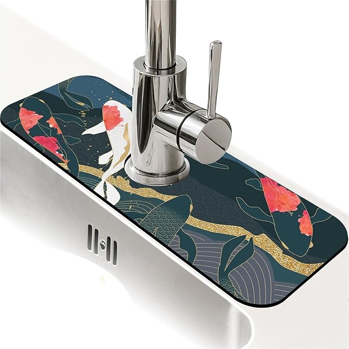 Faucet Draining Mat For Kitchen Sink, Oriental Japanese Koi Fish Diatom Mud Absorbent Drain Pad For Bathroom Kitchen Sink Splash Guard Drying Mat
