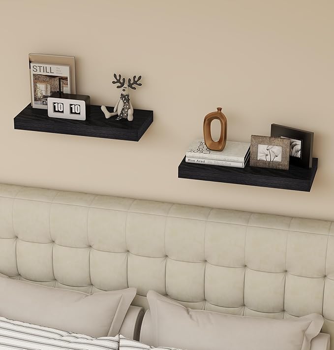 Vervida® Black Floating Shelves for Wall, Rustic Wood Wall Mounted Shelves with Invisible Brackets for Decor & Storage, Floating Shelf for Living Room, Bathroom (Set of 2)