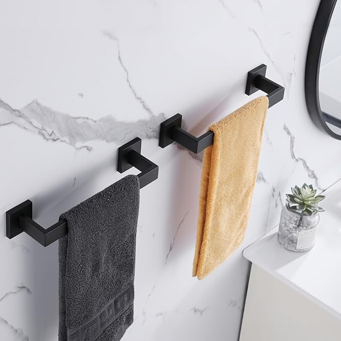 LANC 2 Pack 16-Inch Bathroom Towel Bars, Total-18" Bathroom Square Towel Racks Kitchen Hand Towel Holders SUS304 Stainless Steel Wall Mount Towel Hanger Towel Rods, Matte Black A8804-4MB