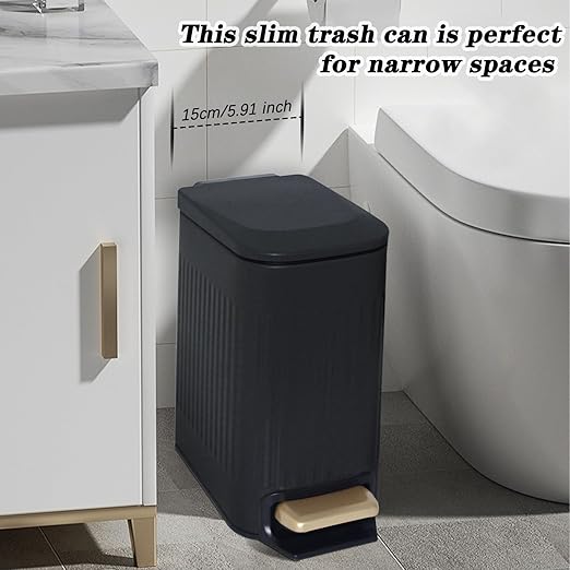 Soddeph Small Narrow Bathroom Trash Can with Lid Bathroom,1.6 Gallon Stainless Steel Wastebasket with Lid Soft Close,Slim Trash Can with Removable Inner Bucket for Toilet, Bedroom,Office (Black)