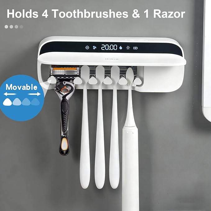 iHave Toothbrush Sanitizer Holder with 360° Disinfection, Mold & Odor Removal | Auto-Cycle UVC, 100M Ions & Fan Drying | Wall Mounted 5-Slot Toothbrush Holders for Bathrooms,Toothbrushes & Razor