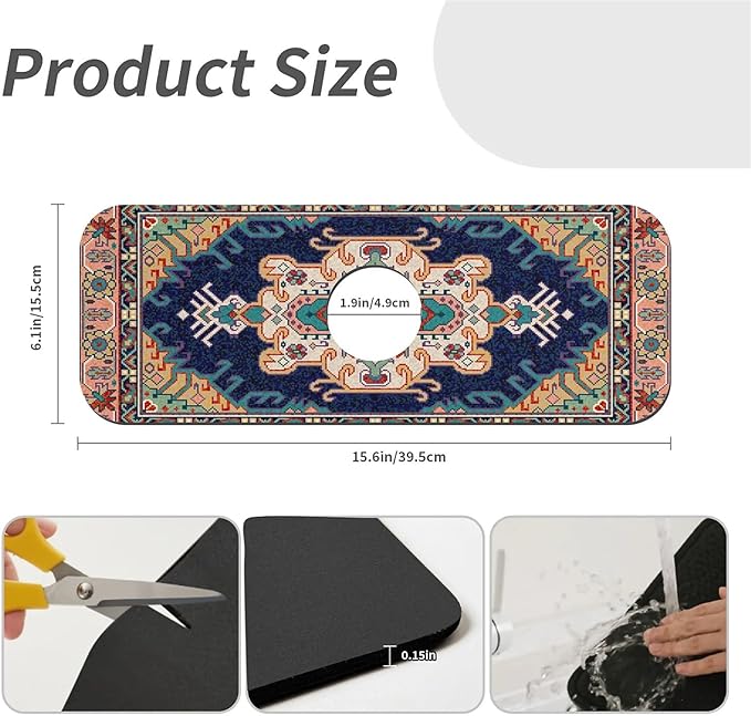 Faucet Draining Mat For Kitchen Sink, Ethnic Floral Diatom Mud Absorbent Drain Pad For Bathroom Kitchen Sink Splash Guard Drying Mat