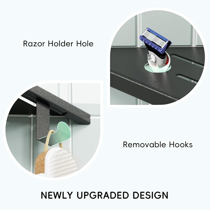 10’’ Shower Corner Shelf, Stainless Steel Shower Shelves with Razor Hole for Bathroom, Grout in Corner Shelf with Hooks for Tiled Wall 2 Pack, Matte Black