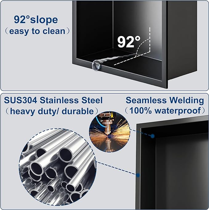 Neodrain Shower Niche Double Shelf Stainless Steel No Tile Needed Bathroom Niches Recessed in Wall, 2-Tier Recessed Wall Niche Waterproof Cubby(8X24 Inch,Matte Black)