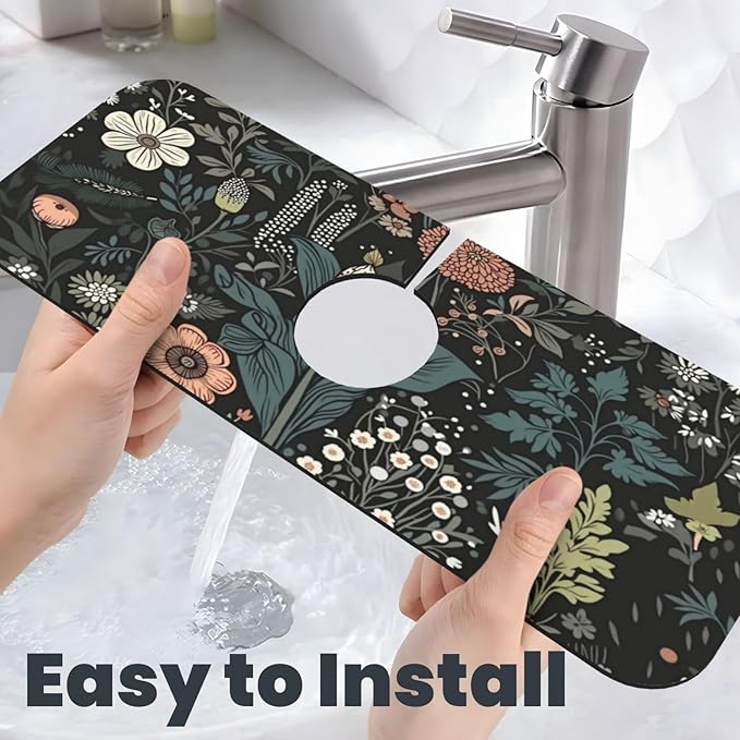 Botanical Floral 15" X 5.5" Kitchen Sink Splash Guard, Faucet Guard Draining Mat, Faucet Suction Pad For Kitchen Bathroom