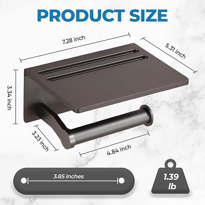 Toilet Paper Holder with Phone Shelf – Tissue Roll Holder Bathroom Storage Dispenser - Adhesive Toilet Paper Holder Wall Mount Bathroom Décor - Matte Gray