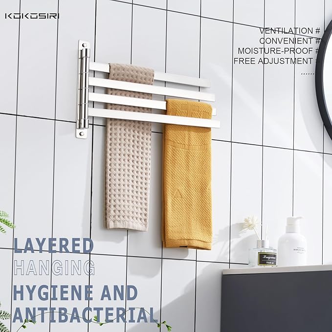 KOKOSIRI Swivel Towel Bars Swing Out Hand Towel Holder 4-Arm for Bathroom Kitchen Toilet Wall Mounted Chrome Stainless Steel B5007CH-A4