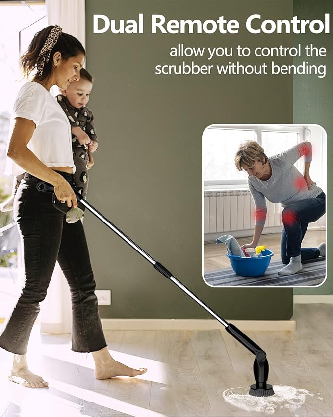 Leebein Electric Spin Scrubber, Cordless Cleaning Brush with 4 Adjustable Angles & 8 Replaceable Brush Heads, 2 Speeds & Remote Control, Long Handle Spin Scrubber for Bathroom Cleaning, Tub, Floor