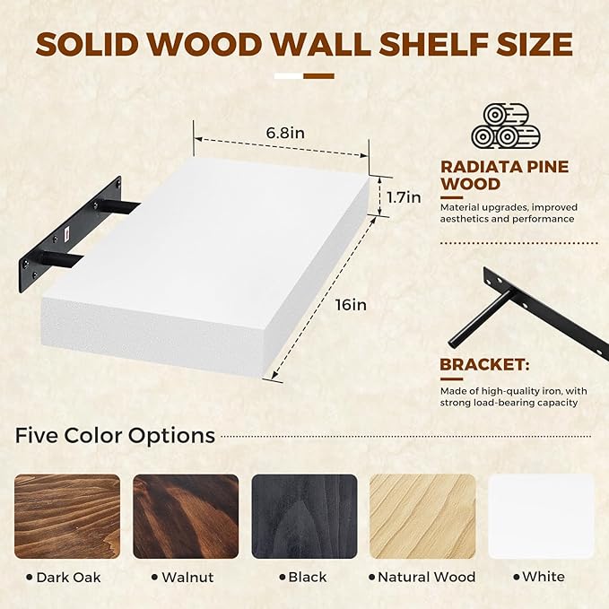 Floating Wall Shelf 16x6.8x1.7 Inch – Solid Wood Shelf in White Finish – Wall Mounted Rustic Display Organizer for Bathroom, Kitchen, Bedroom, Small Spaces – Set of 3