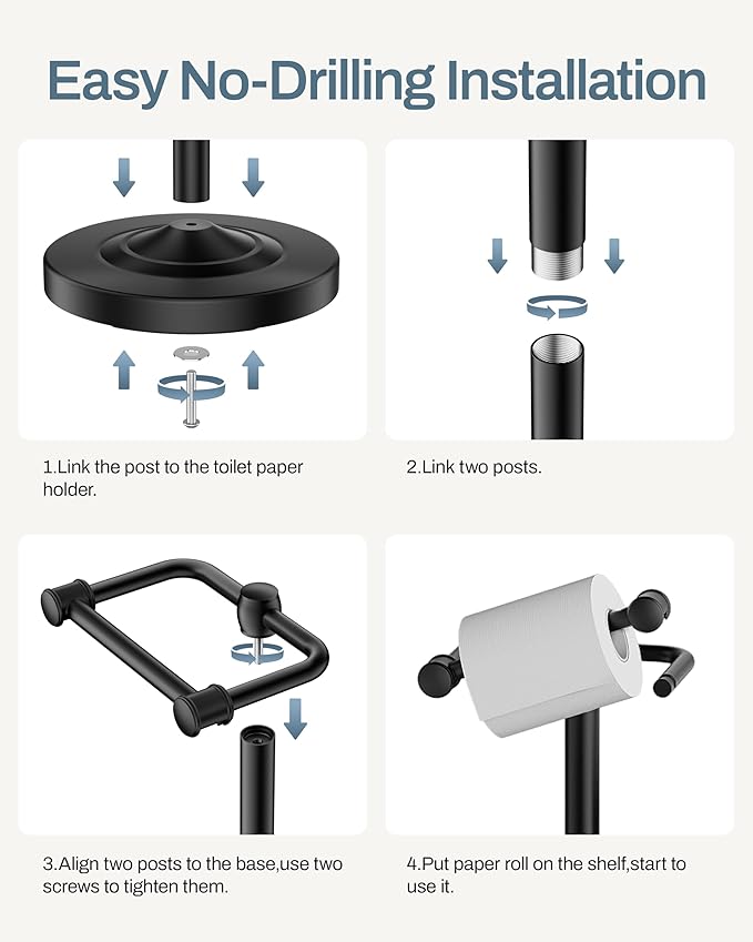 Freestanding Toilet Paper Holder, Double Post Pivoting 22" Height Toilet Roll Holder Floorstanding Base Weighted, Stainless Steel Toilet Paper Holder Stand （Matte Black）