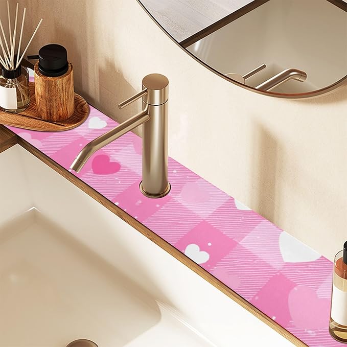 Kitchen Sink Splash Guard 2 PCS 30 Inch Sink Faucet Mat Splash Guard for Bathroom Countertop Water Absorbent Foldable Cuttable Soft Washable Plaid Checkered Pink White Hearts Dots