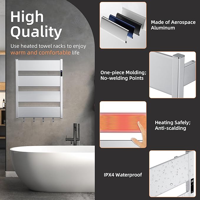 K&KALONZO Towel Warmer for Bathroom,Wall-Mounted Heated Towel Rack with Built-in Timer,Waterproof Alumnimum Electric Towel Heater, Support Plug-in and Hardwired, Sliver,H4-S