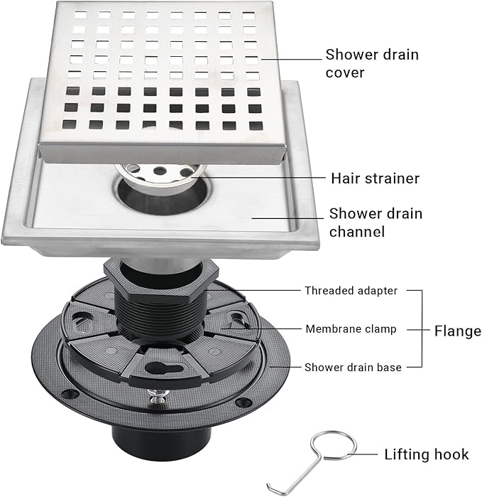 6 Inch Square Shower Floor Drain, Stainless Steel Black Shower Drain Kit with Flange, Floor Drain with Removable Grid Cover,Brushed Nickel