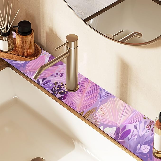 Kitchen Sink Splash Guard 1 PC 30 Inch Sink Faucet Mat Splash Guard for Bathroom Countertop Water Absorbent Foldable Cuttable Soft Washable Boho Pink Leaf
