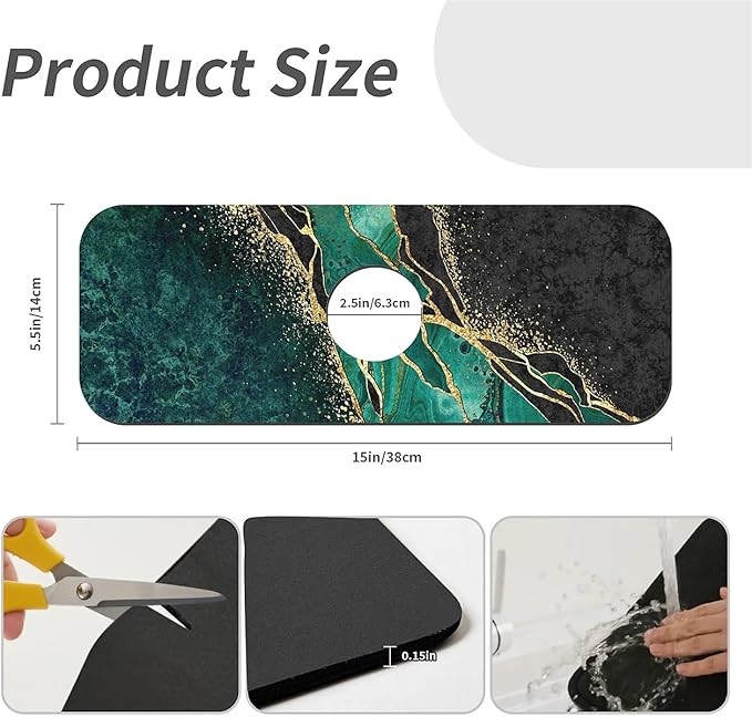 Kitchen Sink Splash Guard，Black and green gold marble Faucet Mat Sink Gadgets-Super Absorbent Fast Drying Mat Drip Catcher for Kitchen, Bathroom,Sink Mat, Dish Drying Mat, Bathroom(15" X 5.5" )