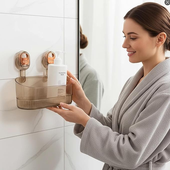 No Drill Bathroom Organizer with Strong Suction Cups, Heavy Duty Shower Organizer Holds 10lbs, Bathroom Shelf for Shampoo, Soap, Razor, Toothbrush (tawny)
