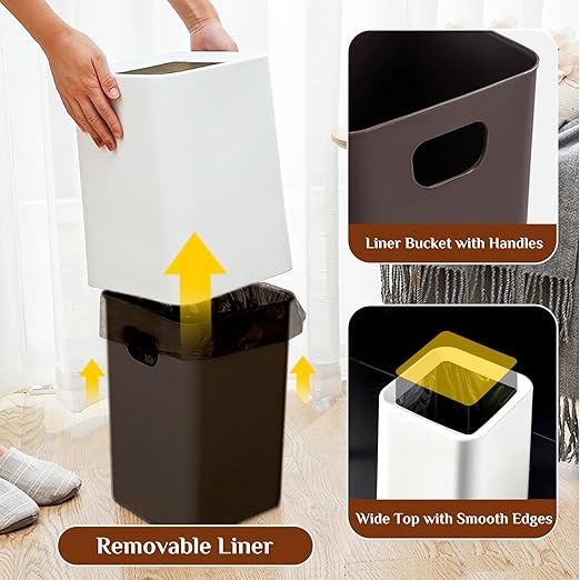 2 Pack Square Modern Trash Can Bedroom, 3Gal/12L Bathroom Trash Can Hidden Bag, Open Top Trash Bin Square Plastic, Minimalist White Garbage Can with Inner Bucket (with 2 Handles) for Kitchen Office