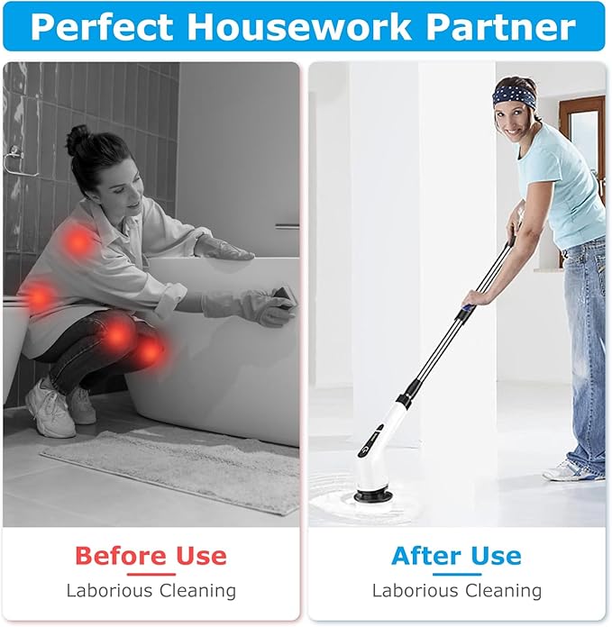 Electric Spin Scrubber, Cordless Telescopic Rechargeable Cleaning Brush, 8 Replaceable Heads, 2 Speed Adjustable for Bathroom & Floor
