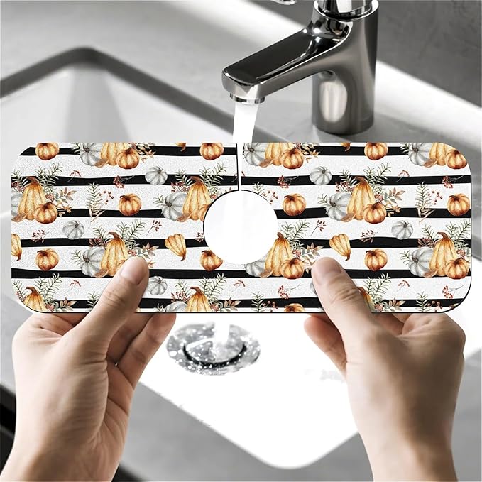 Faucet Draining Mat For Kitchen Sink, Striped Pumpkin Diatom Mud Absorbent Drain Pad For Bathroom Kitchen Sink Splash Guard Drying Mat